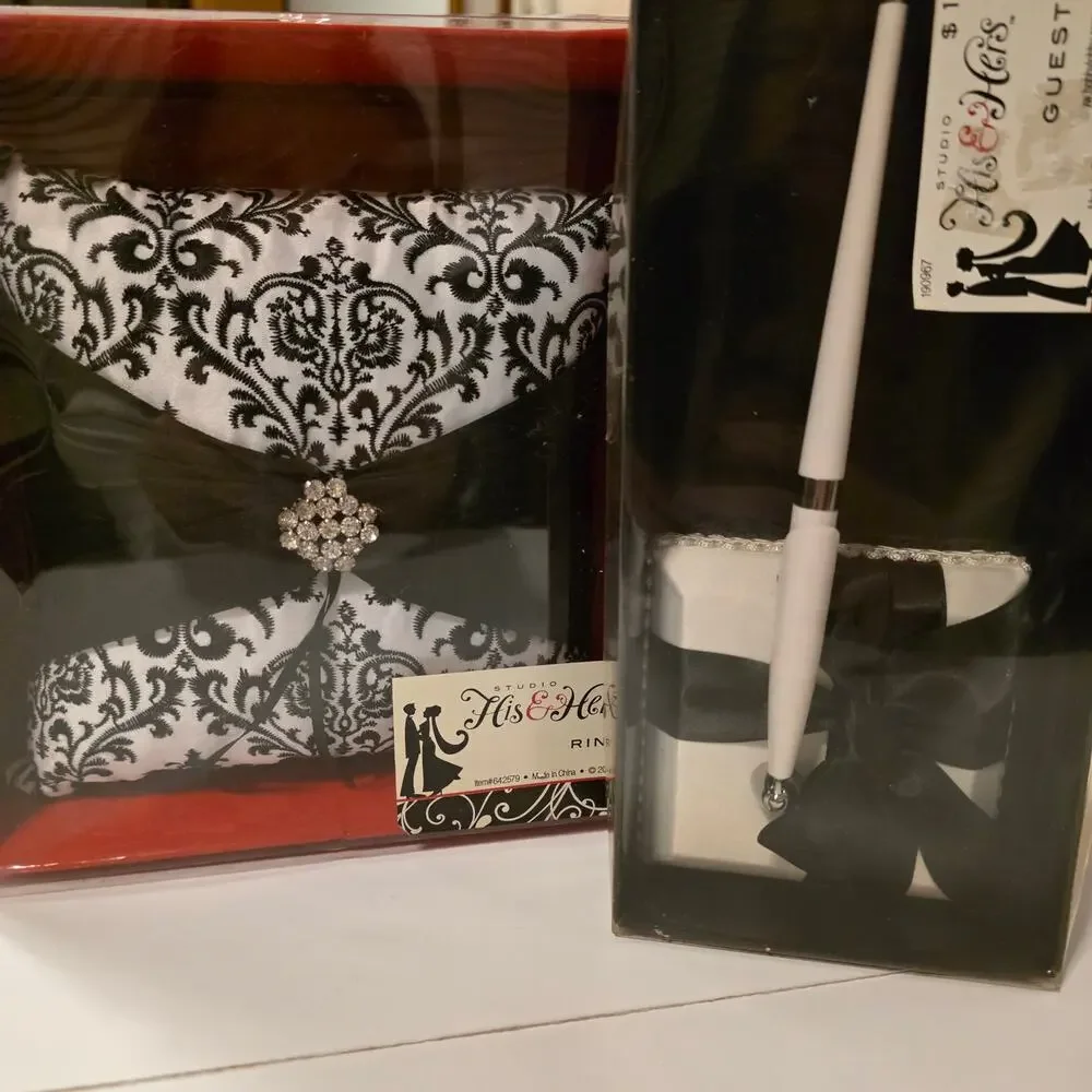 Wedding Bundle Ring Pillow Embroidered / Guest Pen Black White New Open Box